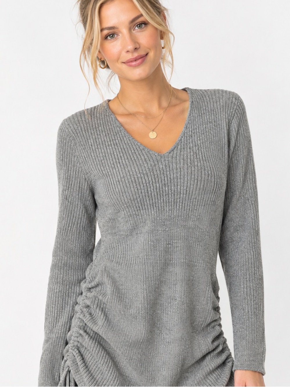 Gray V-Neck Ribbed Knit Sweater dress